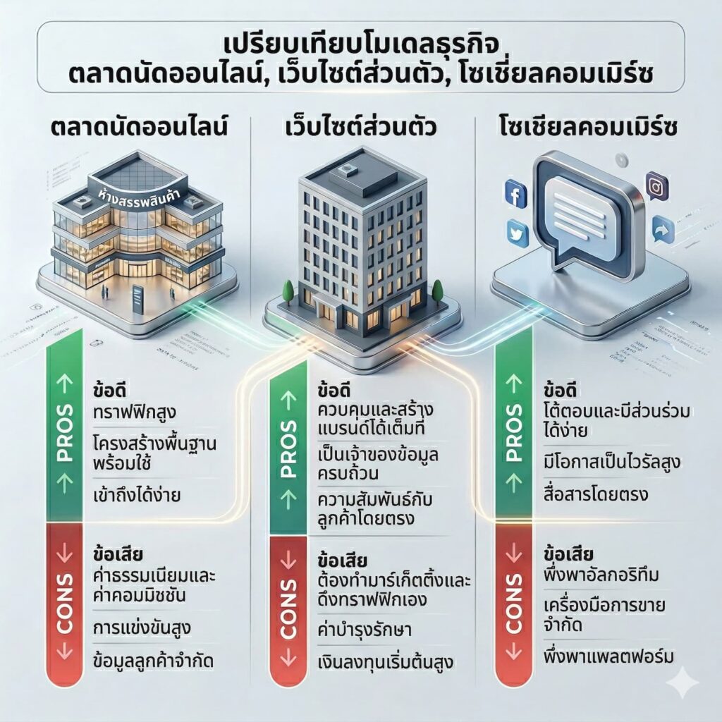 เปรียบเทียบการสร้างเว็บไซต์อีคอมเมิร์ซกับช่องทางขายออนไลน์อื่นๆ
