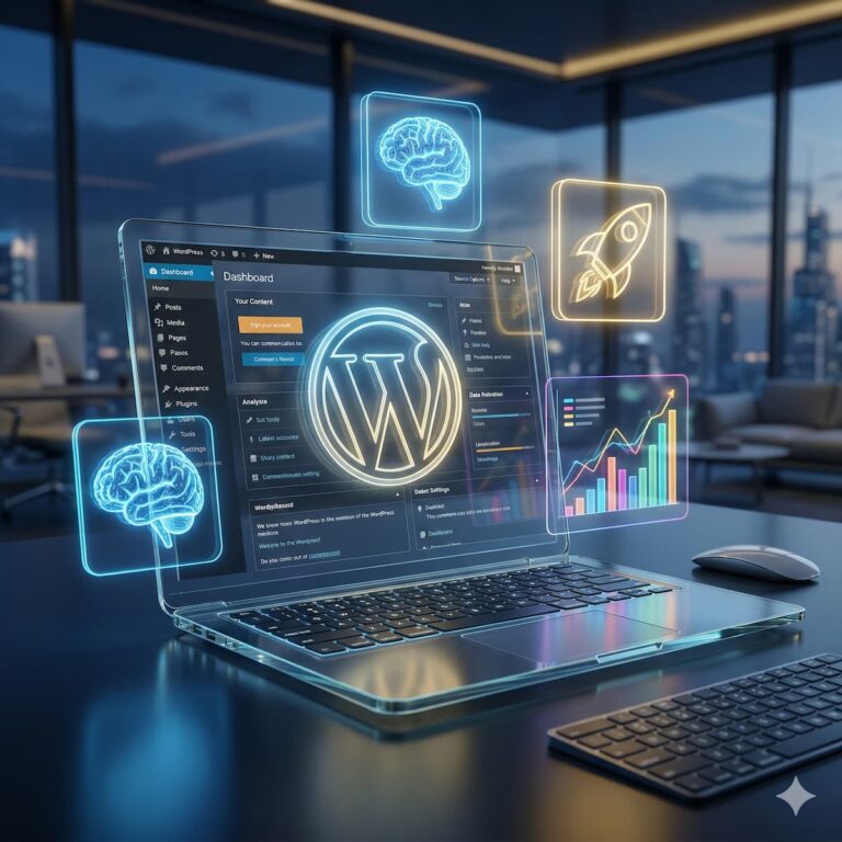 กราฟิก 3D พรีเมียมแสดงการ ใช้ AI ทำเว็บ WordPress 2026 เพื่อสร้างความสำเร็จในธุรกิจ