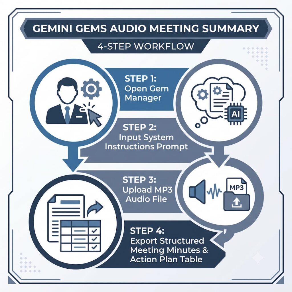 วิธีสร้าง Gemini Gems สรุปการประชุมจากไฟล์ MP3 ใน 4 ขั้นตอน ขั้นตอนการทำงาน 4 สเต็ปของ Gemini Gems สรุปการประชุม