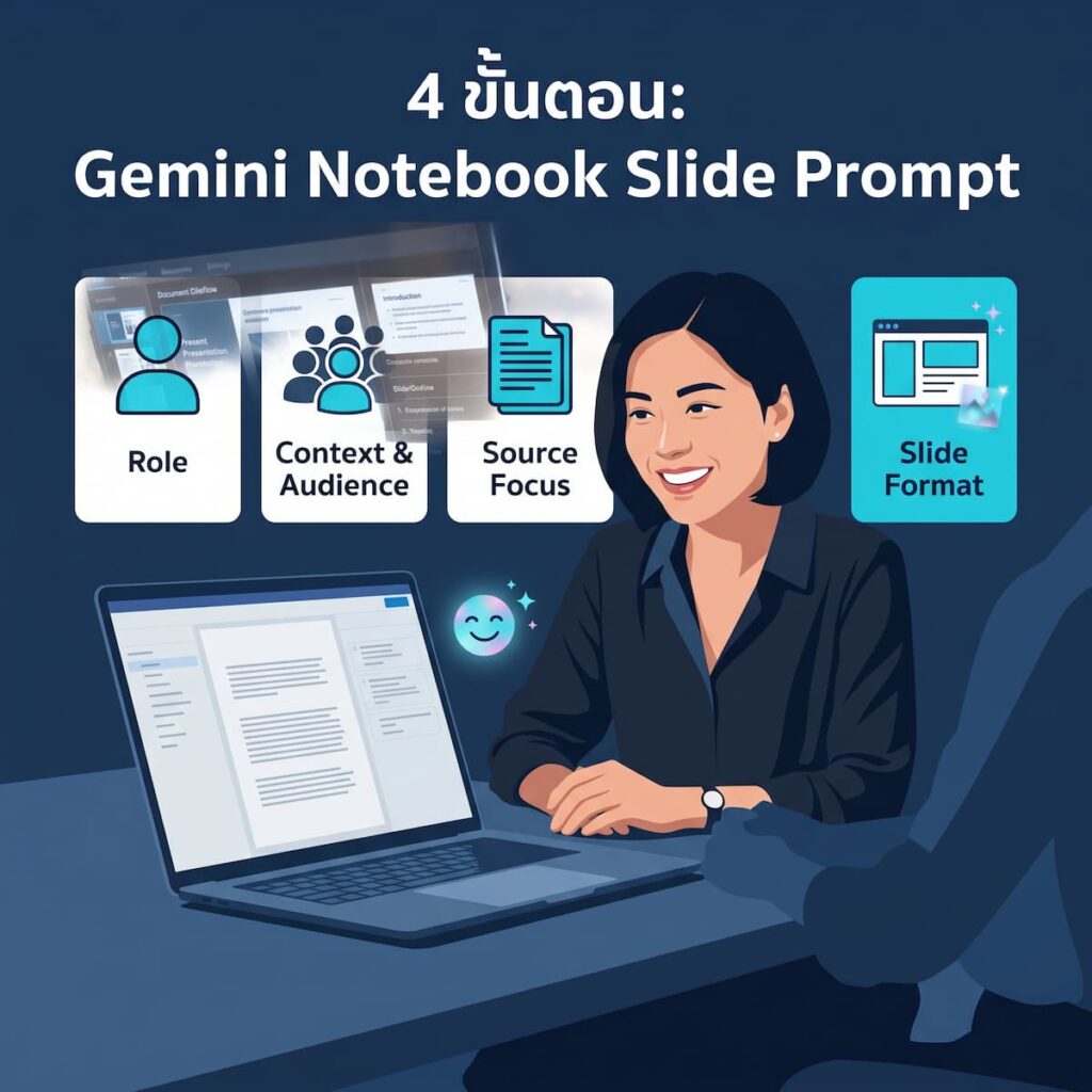เจาะลึก 4 องค์ประกอบ Prompt มืออาชีพสร้างสไลด์ด้วย Gemini Notebook Infographic สรุป 4 ขั้นตอนการเขียน Prompt ทำสไลด์ด้วย Gemini Notebook
