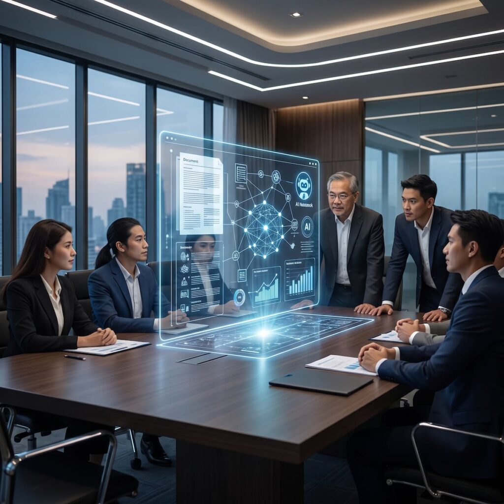 Gemini Notebook ประโยชน์ต่อองค์กร ผู้บริหารกำลังใช้งานระบบ AI วิเคราะห์ข้อมูล Gemini Notebook ภายในห้องประชุมองค์กร
