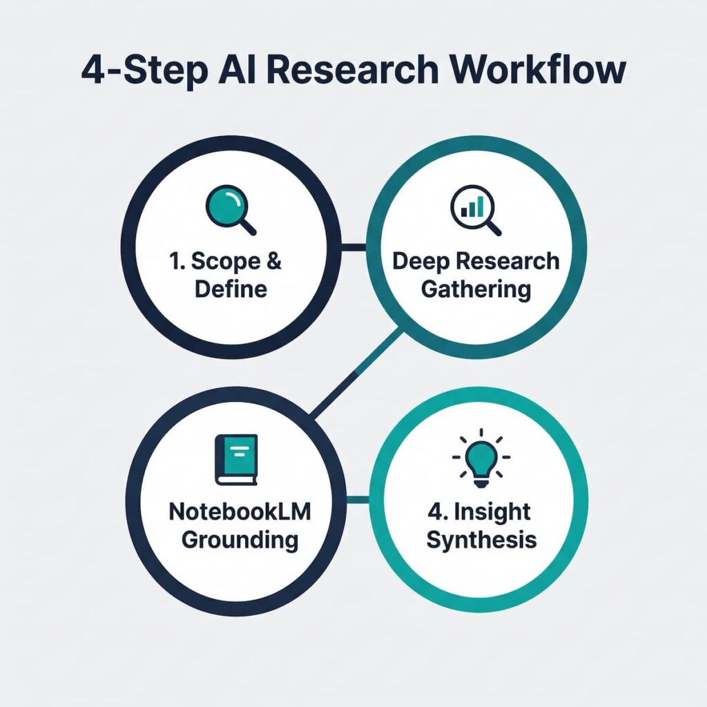 4 ขั้นตอนผสานการใช้ NotebookLM กับ Deep Research สังเคราะห์ข้อมูลเชิงลึกแม่นยำ 100% แผนภาพสรุป 4 ขั้นตอนการผสานการใช้ NotebookLM กับ Deep Research
