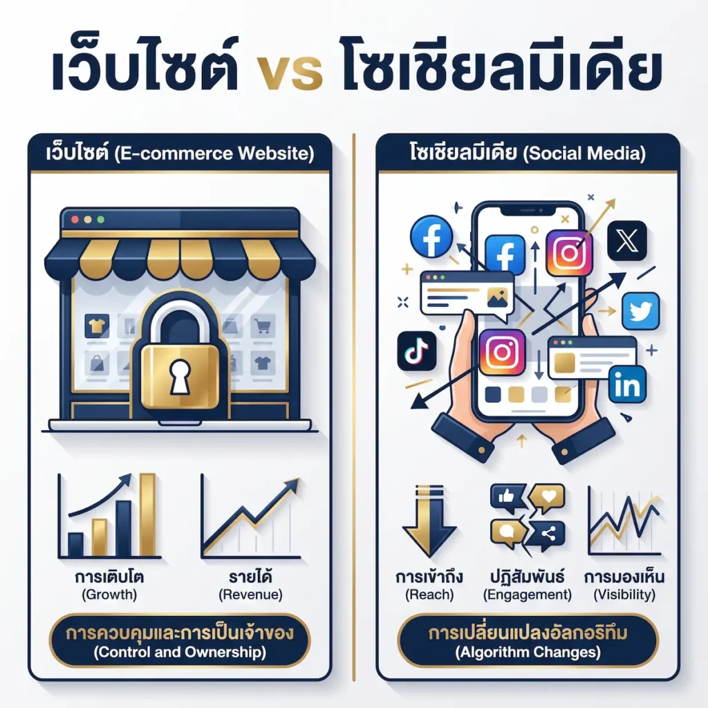 3 เหตุผลที่เว็บไซต์อีคอมเมิร์ซชนะโซเชียลมีเดีย ธุรกิจควรเลือกอะไร? อินโฟกราฟฟิกเปรียบเทียบเว็บไซต์อีคอมเมิร์ซ vs โซเชียลมีเดีย ปี 2026?