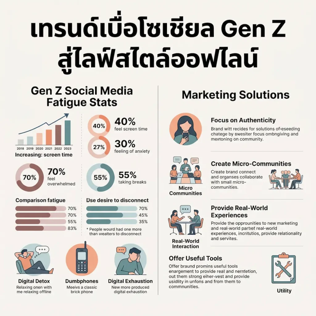 5 อินไซต์ "เทรนด์เบื่อโซเชียล Gen Z" พลิกโฉมกลยุทธ์การตลาดยุคดิจิทัล เทรนด์เบื่อโซเชียล Gen Z หรือ Social Media Fatigue กำลังกลายเป็นตัวแปรสำคัญที่สั่นสะเทือนวงการการตลาดดิจิทัลทั่วโลก แม้ว่าประชากรกลุ่มนี้จะเติบโตมาในฐานะ Digital Natives และใช้เวลาออนไลน์เฉลี่ยกว่า 7 ชั่วโมงต่อวัน แต่ข้อมูลกลับชี้ว่า 73% ของคนหนุ่มสาวรู้สึกเหนื่อยล้าทางดิจิทัล (Digital Exhaustion) บทความนี้ผมจะพาทุกท่านไปทำความเข้าใจถึงรากฐานของปรากฏการณ์ดังกล่าว พร้อมไขคำตอบว่าแบรนด์ควรปรับตัวอย่างไรเมื่อหมดยุคของการใช้โฆษณาฉาบฉวยเพื่อแย่งชิงความสนใจ เทรนด์เบื่อโซเชียล Gen Z คืออะไร?เทรนด์เบื่อโซเชียล Gen Z คือ ภาวะเหนื่อยล้าจากการรับข้อมูลล้นเกินและการเปรียบเทียบทางสังคมบนโลกออนไลน์ ส่งผลให้คนรุ่นใหม่ตัดสินใจลดเวลาใช้งาน ลบแอปพลิเคชัน หรือแม้แต่เลิกใช้โซเชียลมีเดียอย่างถาวรเพื่อฟื้นฟูสุขภาพจิต จากข้อมูลเชิงสถิติพบว่า มากกว่า 60% ของผู้ใช้งานเจเนอเรชัน Z เชื่อว่าโซเชียลมีเดียสร้างผลเสียมากกว่าผลดี ความรู้สึกนี้ได้นำไปสู่พฤติกรรมการหลีกหนีอย่างเป็นรูปธรรม โดยมีสถิติที่น่าสนใจดังนี้: 46% ของวัยรุ่นและคนหนุ่มสาวได้ลดการใช้โซเชียลมีเดียลงอย่างมีนัยสำคัญในปีที่ผ่านมา 34% ประกาศความตั้งใจว่าจะละทิ้งโซเชียลมีเดียอย่างถาวร 29% ของกลุ่ม Gen Z เลือกลบแอปพลิเคชันโซเชียลมีเดียออกจากสมาร์ตโฟนในช่วง 12 เดือนที่ผ่านมา อะไรคือสาเหตุหลักที่ทำให้เกิดความเหนื่อยล้าทางดิจิทัล?สาเหตุหลักเกิดจากภาวะข้อมูลล้นเกิน (Information Overload) และการเปรียบเทียบทางสังคม (Social Comparison) ซึ่งถูกกระตุ้นด้วยความกลัวตกกระแส (FoMO) จนนำไปสู่ปัญหาสุขภาพจิตและปัญหาการนอนหลับ เมื่อสมองต้องเผชิญกับอัลกอริทึมที่ป้อนข้อมูลอย่างไม่สิ้นสุด จะเกิดภาวะเกินกำลังและสูญเสียสมาธิ นอกจากนี้ การเสพติดหน้าจอยังส่งผลกระทบทางสรีรวิทยาอย่างรุนแรง: ผู้ที่ใช้โซเชียลมีเดียเกิน 5 ชั่วโมงต่อวัน มีความเสี่ยงที่จะเป็นโรคซึมเศร้าเพิ่มขึ้น 2.8 เท่า พฤติกรรมการเลื่อนดูหน้าจอก่อนนอน (Doomscrolling) ทำให้การผลิตเมลาโทนินลดลง 55% ซึ่งเพิ่มความเสี่ยงโรคนอนไม่หลับถึง 45% ในประเทศไทยเกิดสภาวะ "Midnight Crisis" หรือการผัดวันประกันพรุ่งในการนอนหลับเพื่อล้างแค้น (Revenge Bedtime Procrastination) เพื่อทวงคืนเวลาส่วนตัวในตอนกลางคืน Gen Z ปรับวิถีชีวิตเพื่อรับมือกับปัญหาอย่างไร?เพื่อรับมือกับความเครียด Gen Z หันมาสร้างไลฟ์สไตล์ทางเลือก เช่น การทำ Digital Detox การกลับไปใช้อุปกรณ์อนาล็อก (Dumbphones) และการแสวงหาความสุขอันเล็กน้อย (Micro Joys) ในชีวิตออฟไลน์ ปฏิกิริยาต่อต้านนี้นำไปสู่การเติบโตของอุตสาหกรรมใหม่ๆ ที่เน้นการบำบัดและสุขภาพ:การกลับสู่อนาล็อก: ยอดขายฟีเจอร์โฟนในสหรัฐอเมริกาเติบโตขึ้น 25% โดย Gen Z นิยมใช้เป็นอุปกรณ์สำรองเพื่อตัดขาดจากความวุ่นวาย อุตสาหกรรมสุขภาพ: ตลาดสุขภาพจิตสำหรับ Gen Z คาดว่าจะเติบโตถึง 4.97 หมื่นล้านดอลลาร์สหรัฐภายในปี ค.ศ. 2030 Micro Joys: 80% ของ Gen Z ให้ความสำคัญสูงสุดกับการหาความสุขเล็กๆ ในชีวิตประจำวัน เช่น การเดินเล่น หรือจุดเทียนหอม เพื่อรับมือกับความกดดัน กลยุทธ์การตลาดที่แบรนด์ควรใช้ในยุค Post-Social Media คืออะไร?แบรนด์ควรลดการกระตุ้นยอดขายด้วยโฆษณาบนฟีดสาธารณะ และเปลี่ยนมาเป็น "ผู้สร้างชุมชน" (Community Builder) ผ่านช่องทางส่วนตัว (Dark Social) พร้อมนำเสนอความจริงใจเหนือความสมบูรณ์แบบ การทำการตลาดแบบเดิมที่เน้นการเร้าโดปามีน (Dopamine Economy) เริ่มใช้ไม่ได้ผล แบรนด์จึงต้องปรับตัวด้วยวิธีดังต่อไปนี้:เจาะกลุ่ม Dark Social: มากกว่า 84% ของการแชร์เนื้อหาออนไลน์เกิดขึ้นในแชทส่วนตัว เช่น Discord หรือ LINE OpenChat ซึ่งมีอัตรา Engagement สูงกว่าการแชร์สาธารณะถึง 3 เท่า เน้นความจริงใจ (Authenticity): หลีกเลี่ยงการใช้เนื้อหาขยะจากเครื่องมือ AI (AI Slop) เนื่องจาก 72% ของ Gen Z มีทัศนคติเชิงลบต่อคอนเทนต์ที่ถูกสร้างขึ้นอย่างไม่แนบเนียนและขาดความเป็นมนุษย์ เป็นผู้คัดสรร (Curator): ใช้ข้อมูล Zero-Party Data เพื่อคัดกรองตัวเลือกให้ลูกค้า ช่วยลดภาระความเหนื่อยล้าทางสมองจากข้อมูลที่ล้นเกิน 💡 ข้อคิดจากอาจารย์พันธุ์ทิตต์ (Callout CTA)การทำการตลาดกับ Gen Z ในยุคที่พวกเขาเบื่อโซเชียลมีเดีย ไม่ใช่การตะโกนให้ดังขึ้น แต่คือการเข้าไปนั่งคุยอย่างจริงใจในพื้นที่ปลอดภัยของพวกเขา หากคุณต้องการอัปสกิลการตลาดยุคใหม่เพื่อรับมือกับความท้าทายนี้อย่างเป็นระบบ ผมขอแนะนำให้เข้ามาศึกษาเพิ่มเติมในหลักสูตร Digital Marketing Strategy & AI Business Implementation ของทาง PANTIT Academy เราจะเจาะลึกเทคนิคการใช้เครื่องมือ AI อย่างถูกต้องเพื่อวิเคราะห์ Data และวางแผน Owned Media อย่างยั่งยืนครับบทสรุปปรากฏการณ์เบื่อโซเชียลมีเดียของเจเนอเรชัน Z ไม่ใช่แค่กระแสชั่วคราว แต่เป็นการเปลี่ยนแปลงเชิงโครงสร้างไลฟ์สไตล์ที่ส่งผลกระทบอย่างรุนแรงต่อการตลาดดิจิทัล แบรนด์ที่อยากอยู่รอดต้องเลิกยึดติดกับยอดวิวบนฟีดสาธารณะ แล้วหันมาสร้างคุณค่าผ่านความจริงใจ มอบประสบการณ์ออฟไลน์ที่ดี และสร้างชุมชนที่แข็งแกร่งในพื้นที่ Dark Social