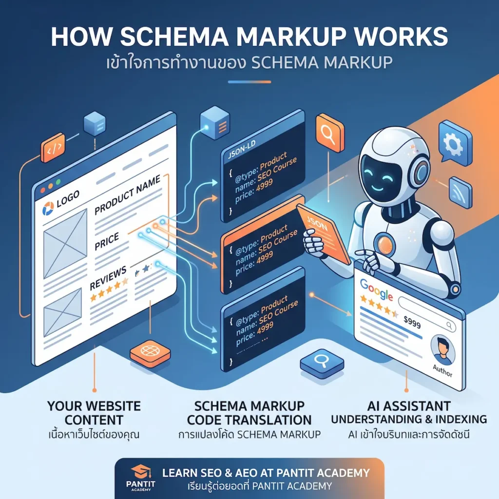 5 เหตุผลที่ Schema Markup คือกุญแจสำคัญสู่ความสำเร็จของ SEO และ AEO Infographic สรุปประโยชน์และวิธีการทำงานของ Schema Markup