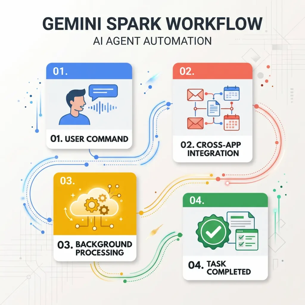 Gemini Spark คืออะไร? สรุป 5 เรื่องต้องรู้ของ AI Assistant ส่วนตัวที่ทำงานแทนคุณ 24 ชั่วโมง Infographic สรุปขั้นตอนการทำงานและความสามารถของ Gemini Spark