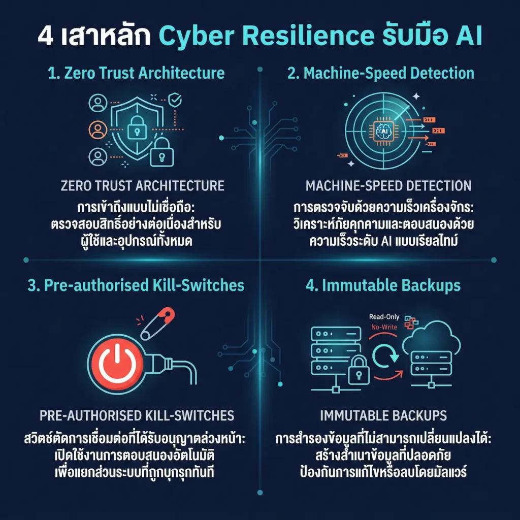 ภัยไซเบอร์จาก AI คุกคามระบบการเงิน รู้ทัน 4 จุดเสี่ยงสูงของธุรกิจ อินโฟกราฟิก 4 เสาหลัก Cyber Resilience สำหรับรับมือภัยไซเบอร์จาก AI ในภาคธุรกิจและระบบการเงิน