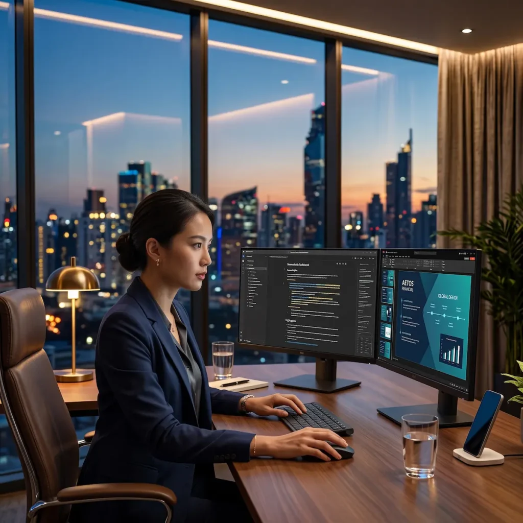 การเปรียบเทียบการสร้างสไลด์นำเสนอด้วย AI ระหว่าง Gemini Notebook กับ PowerPoint บนโต๊ะทำงานผู้บริหาร
