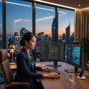 การเปรียบเทียบการสร้างสไลด์นำเสนอด้วย AI ระหว่าง Gemini Notebook กับ PowerPoint บนโต๊ะทำงานผู้บริหาร