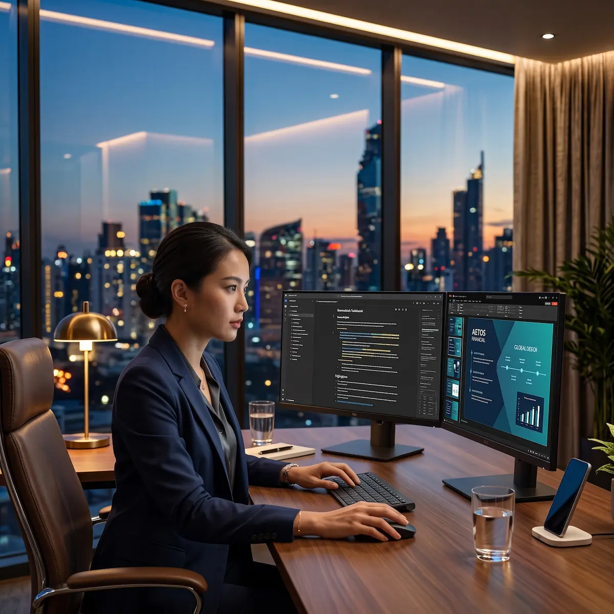การเปรียบเทียบการสร้างสไลด์นำเสนอด้วย AI ระหว่าง Gemini Notebook กับ PowerPoint บนโต๊ะทำงานผู้บริหาร